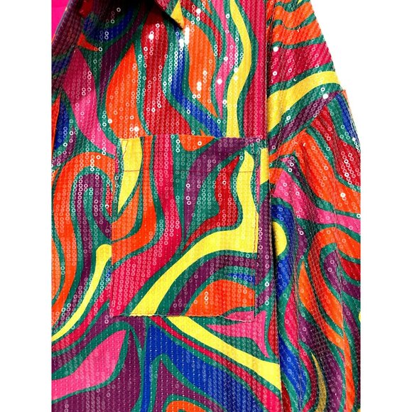 Alden Adair Sequin Multicolor Psychedelic Button-Up Shirt Large NWT - Picture 4 of 5